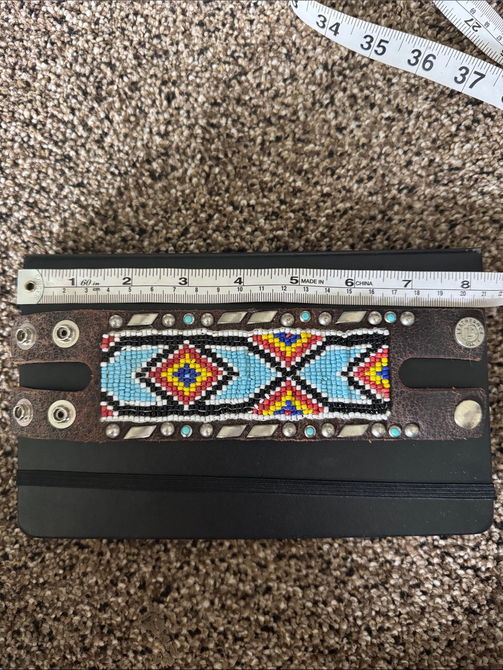 Vintage Leatherock Brown Leather Beaded Cuff with Multicolor Accents